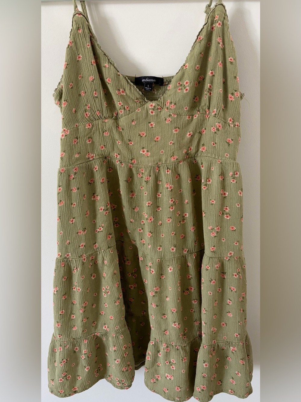 Ambiance Women’s Large Olive Green Floral Tiered Dress